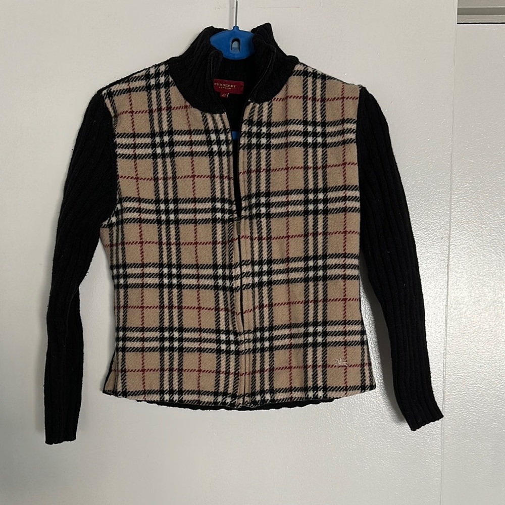 Burberry Plaid Front Ribbed Zip Up Sweater